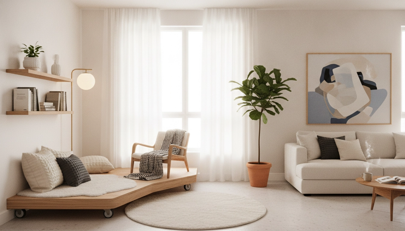 Aménagement élégant d'un coin lecture mobile appartement modulable avec des meubles légers et design.
