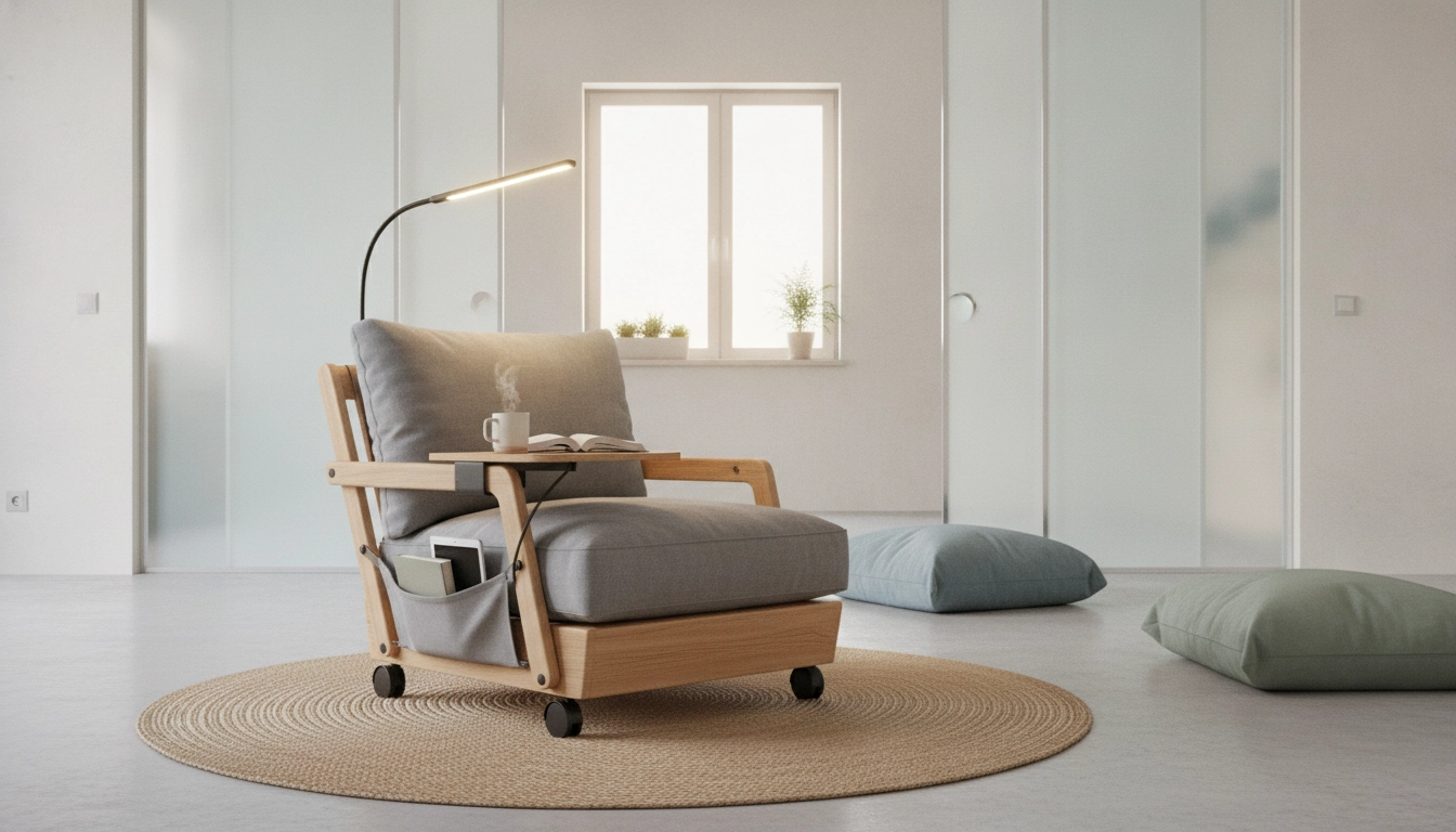 Un coin lecture mobile appartement modulable avec un fauteuil confortable et une petite bibliothèque sur roulettes près d'une fenêtre.