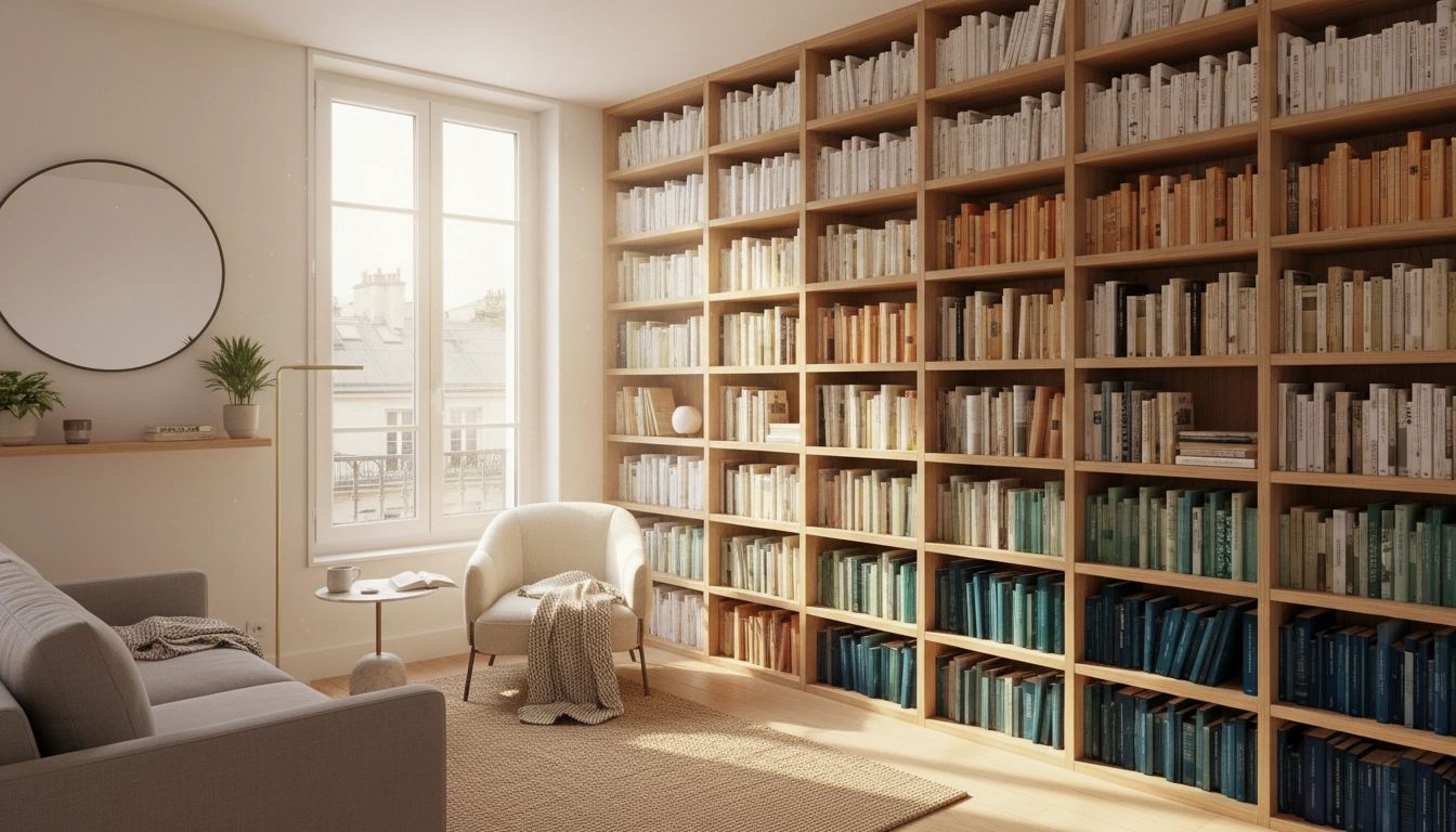 Bibliothèque du sol au plafond dans un petit appartement parisien illustrant l'optimisation du rangement des livres en espace restreint