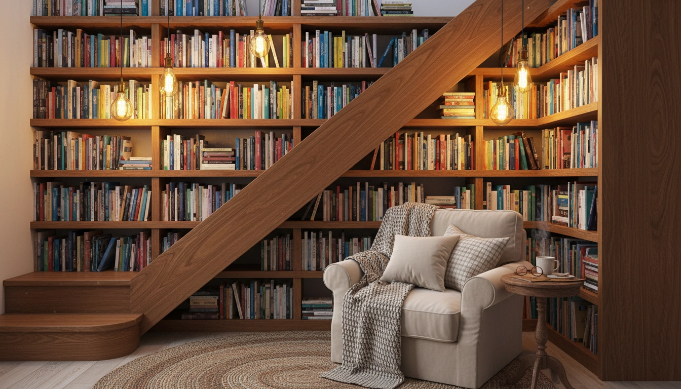 Bibliothèque encastrée sous l'escalier avec des étagères sur mesure dans les espaces inexploités de la maison pour l'optimisation du rangement des livres