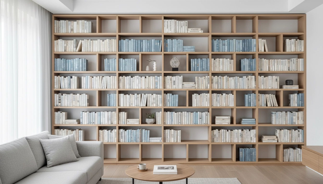 Bibliothèque murale bien organisée avec livres rangés par catégorie pour une optimisation du rangement des livres