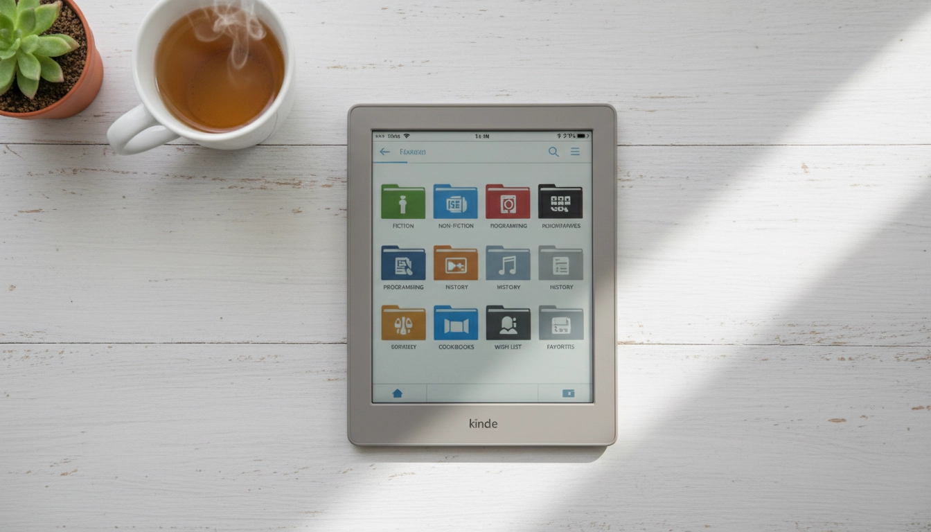 Organisation liseuse électronique : collections personnalisées affichées sur l'écran d'une liseuse posée sur un bureau minimaliste