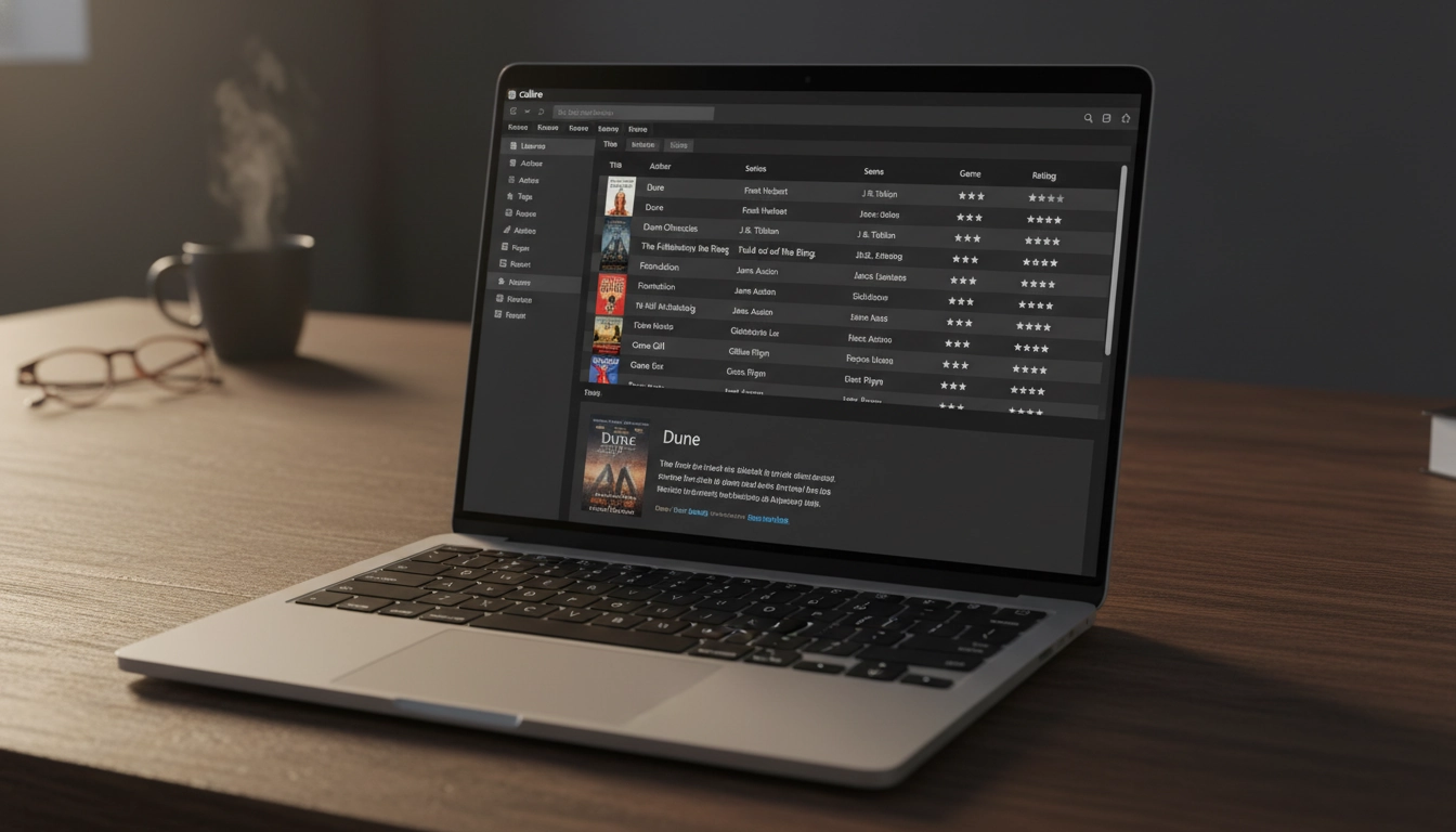 Interface du logiciel Calibre pour organiser et synchroniser une bibliothèque d'ebooks sur liseuse électronique