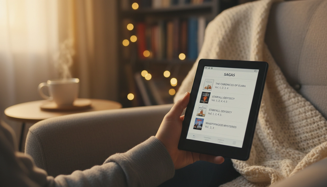 Lecteur consultant une saga organisée par tomes sur sa liseuse électronique dans un coin lecture cosy