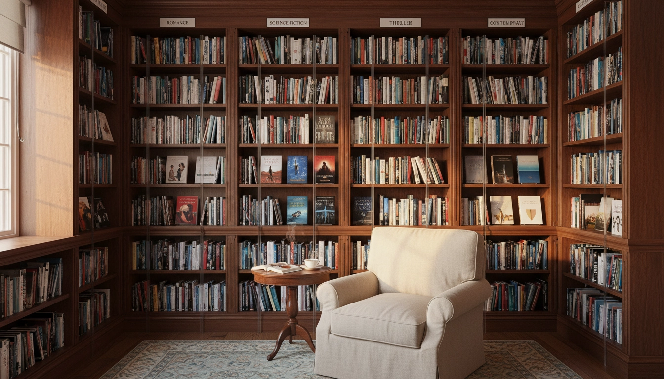 Bibliothèque domestique parfaitement organisée par genre littéraire : comment organiser sa bibliothèque par genre littéraire comment faire avec des étiquettes claires et des livres bien rangés