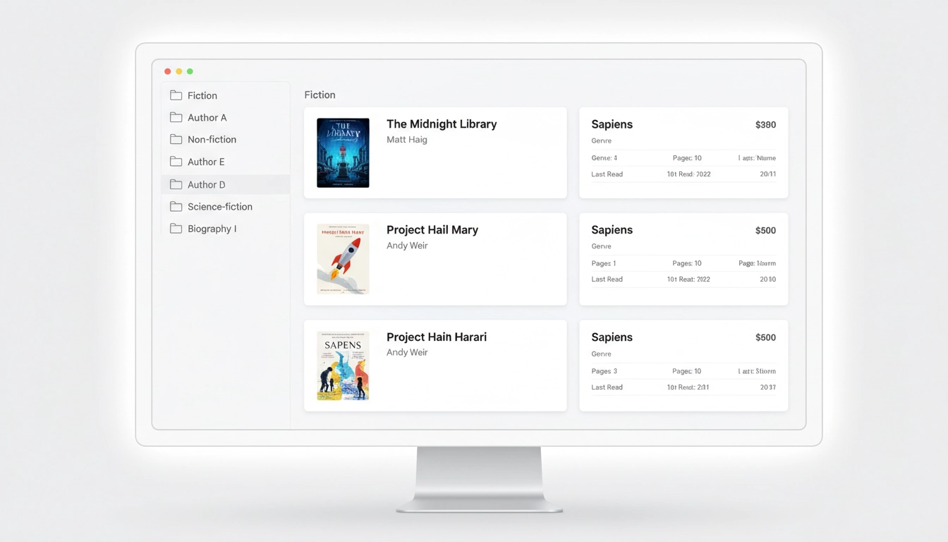 Interface de gestion numérique montrant comment organiser ses ebooks par genre et auteur avec dossiers hiérarchisés et métadonnées visibles