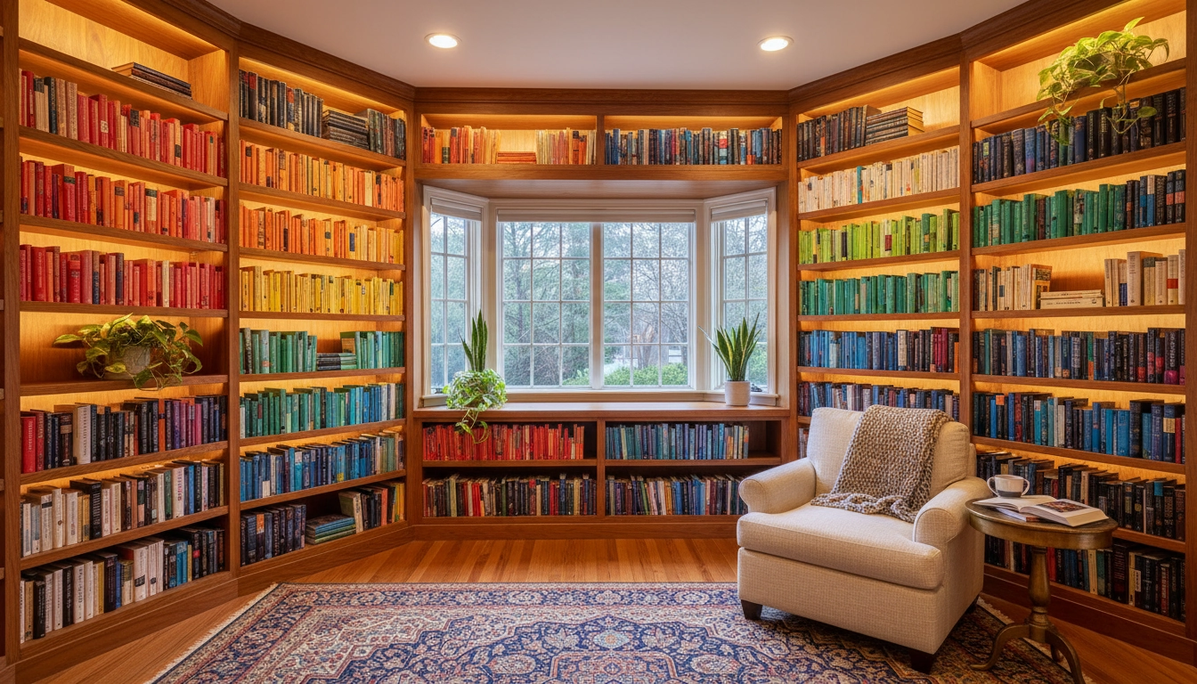 Bibliothèque domestique élégante pour organiser sa bibliothèque par genre et par couleur avec éclairage chaleureux