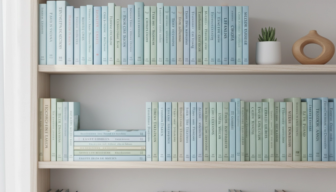 Livres rangés verticalement sur des étagères en bois classés par auteur dans une bibliothèque bien organisée