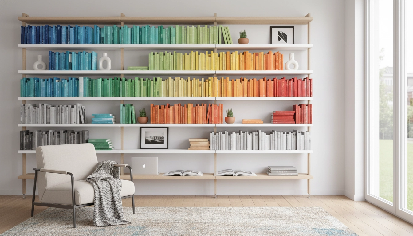 Belle bibliothèque bien organisée avec des livres rangés par couleur et par genre dans un salon élégant