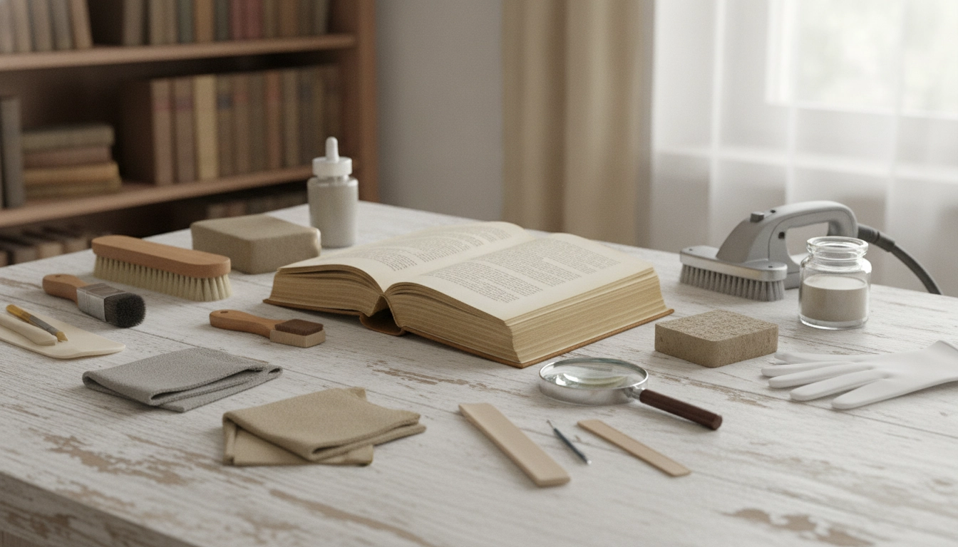 Un professionnel utilisant des outils professionnels pour nettoyer livres anciens à la maison dans un atelier