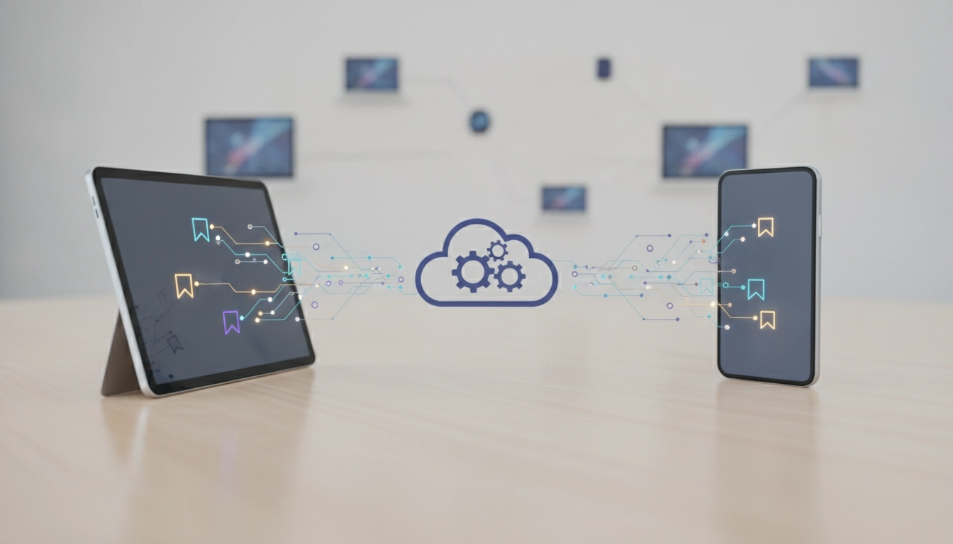 Illustration montrant la synchronisation cloud pour ne pas perdre ses marque-pages numériques en changeant d'appareil.