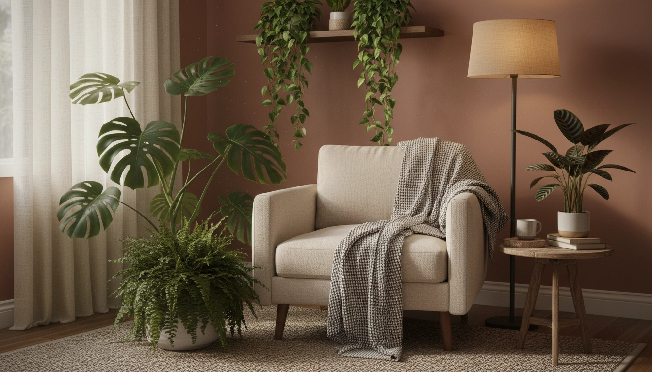 Aménagement d'un coin lecture verdoyant avec plantes d'intérieur décoration coin lecture naturel, incluant Monstera, Pothos et Calathéa créant une ambiance jungle urbaine apaisante