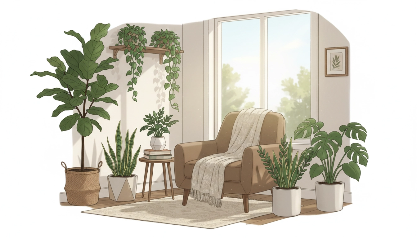 Coin de lecture apaisant avec plantes d'intérieur, Monstera et Pothos créant une décoration naturelle luxuriante autour d'un fauteuil confortable près d'une fenêtre