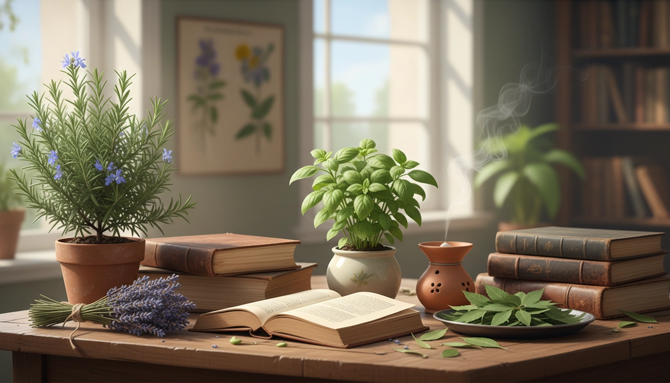 Sachets de lavande et bois de cèdre utilisés comme plantes naturelles répulsives insectes pour protéger les livres sur une étagère.