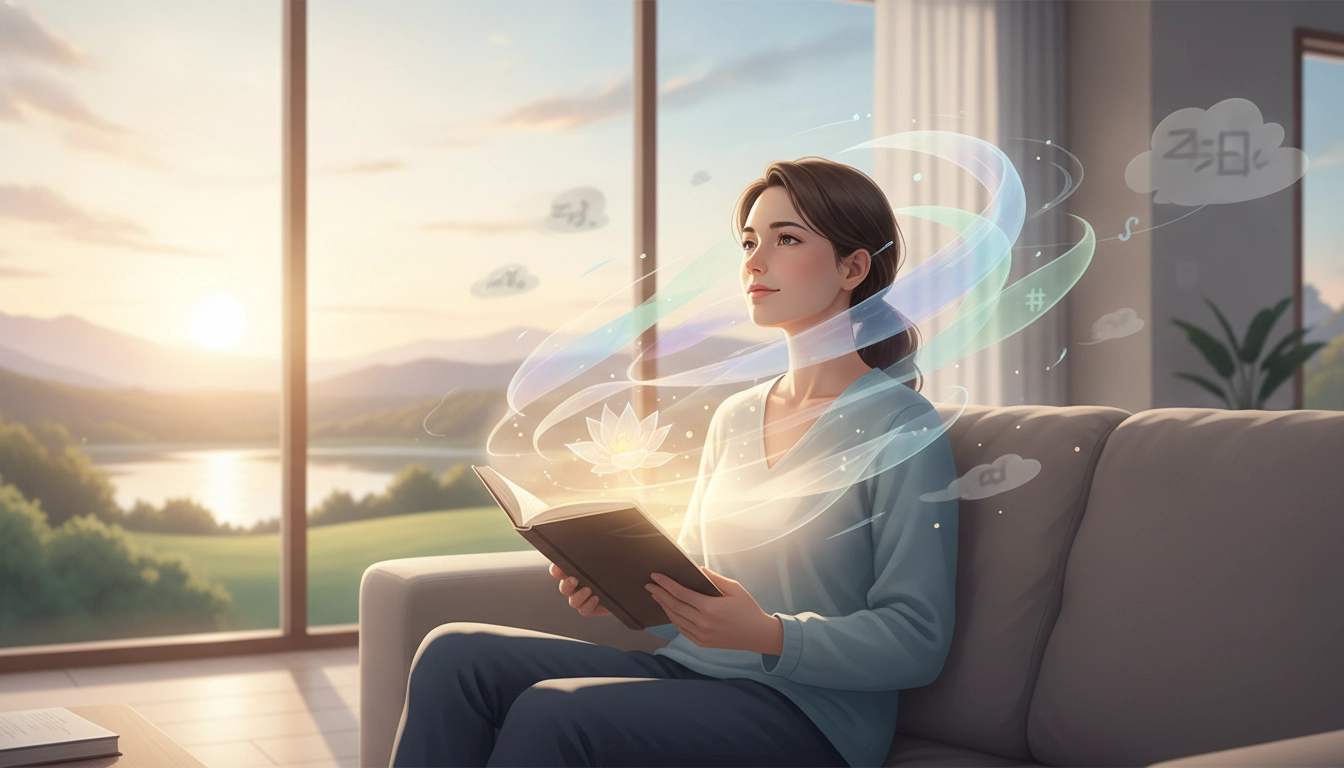 Une personne lisant un livre dans un environnement calme, illustrant la technique de pleine conscience pour lire sans pensées parasites.