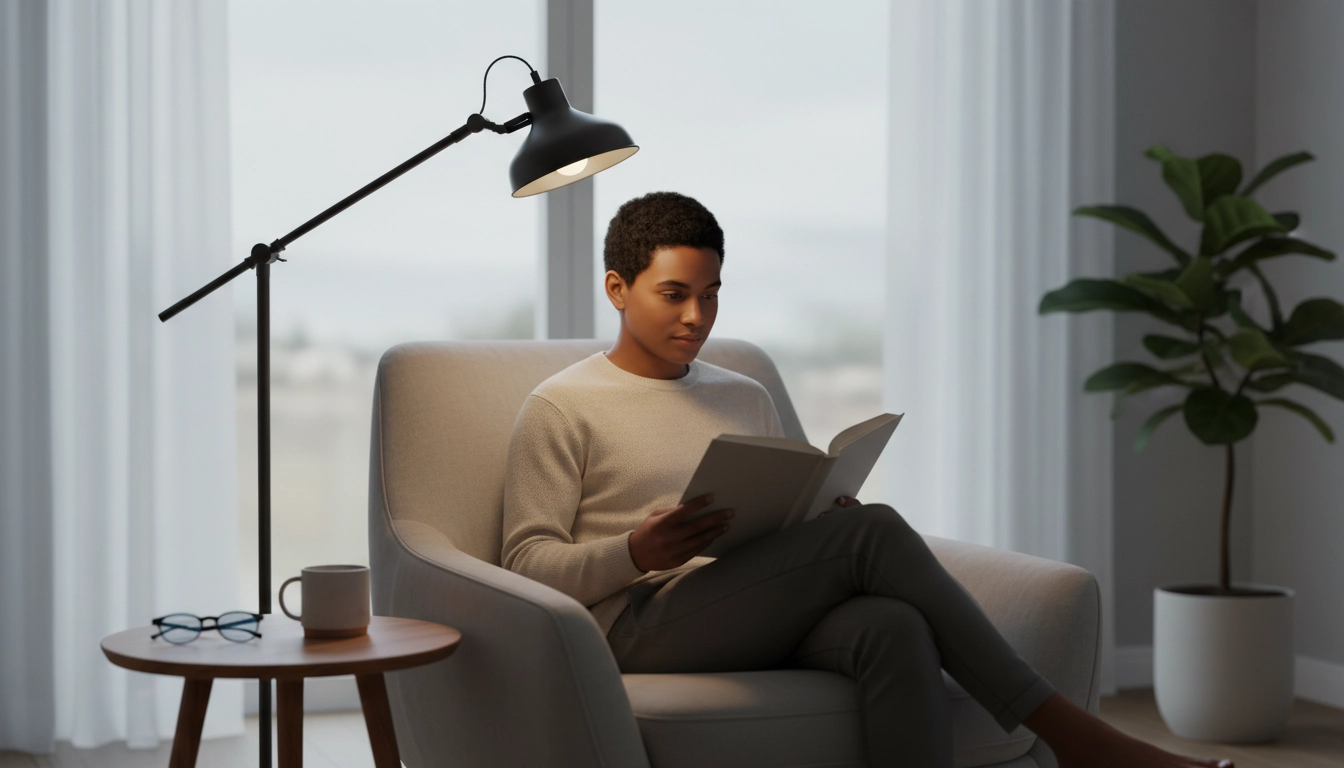 Lampe de lecture positionnée correctement à 45 degrés pour éviter reflets et protéger la vue