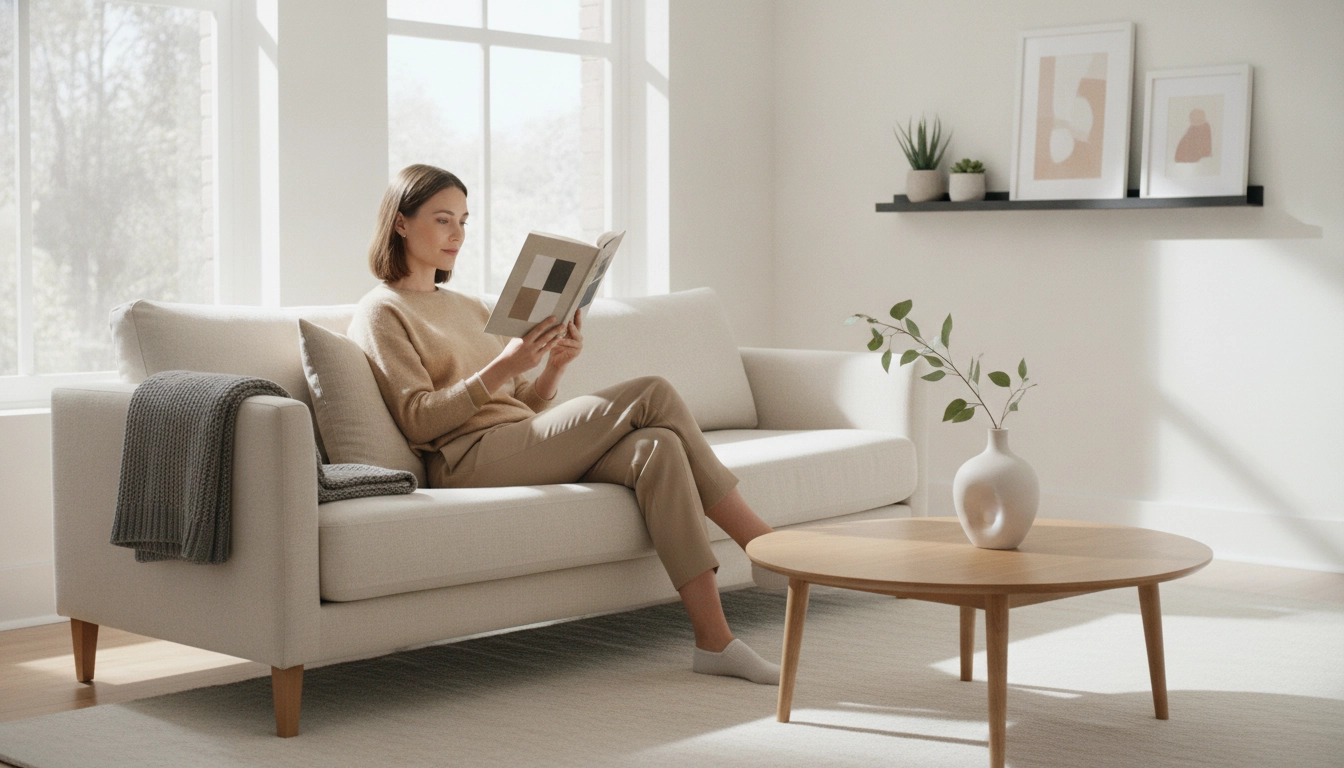Illustration montrant une posture de lecture correcte dans un canapé avec un soutien lombaire adéquat.