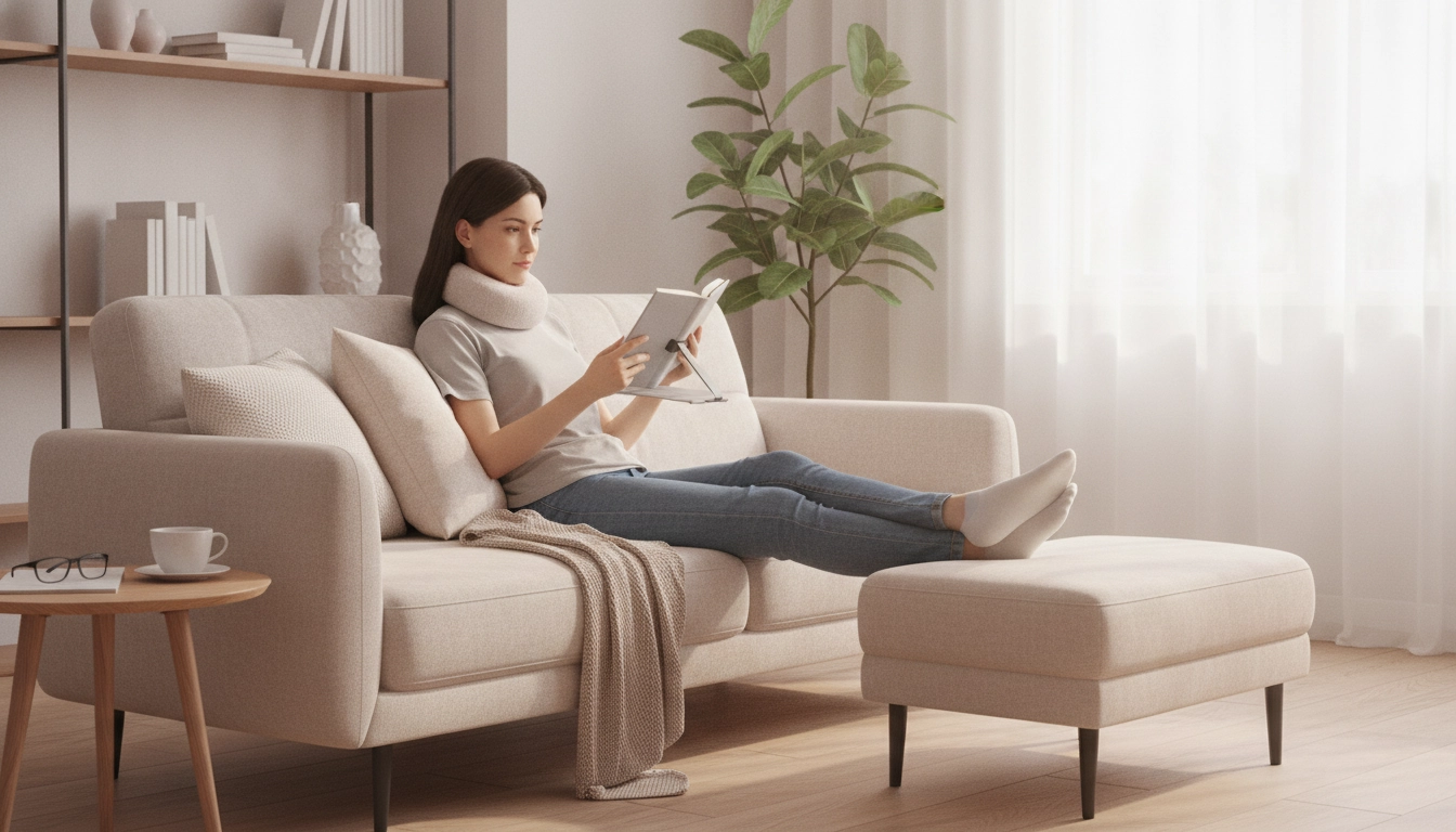 Une personne lisant un livre avec une posture de lecture correcte dans un canapé, utilisant des coussins pour soutenir le dos.