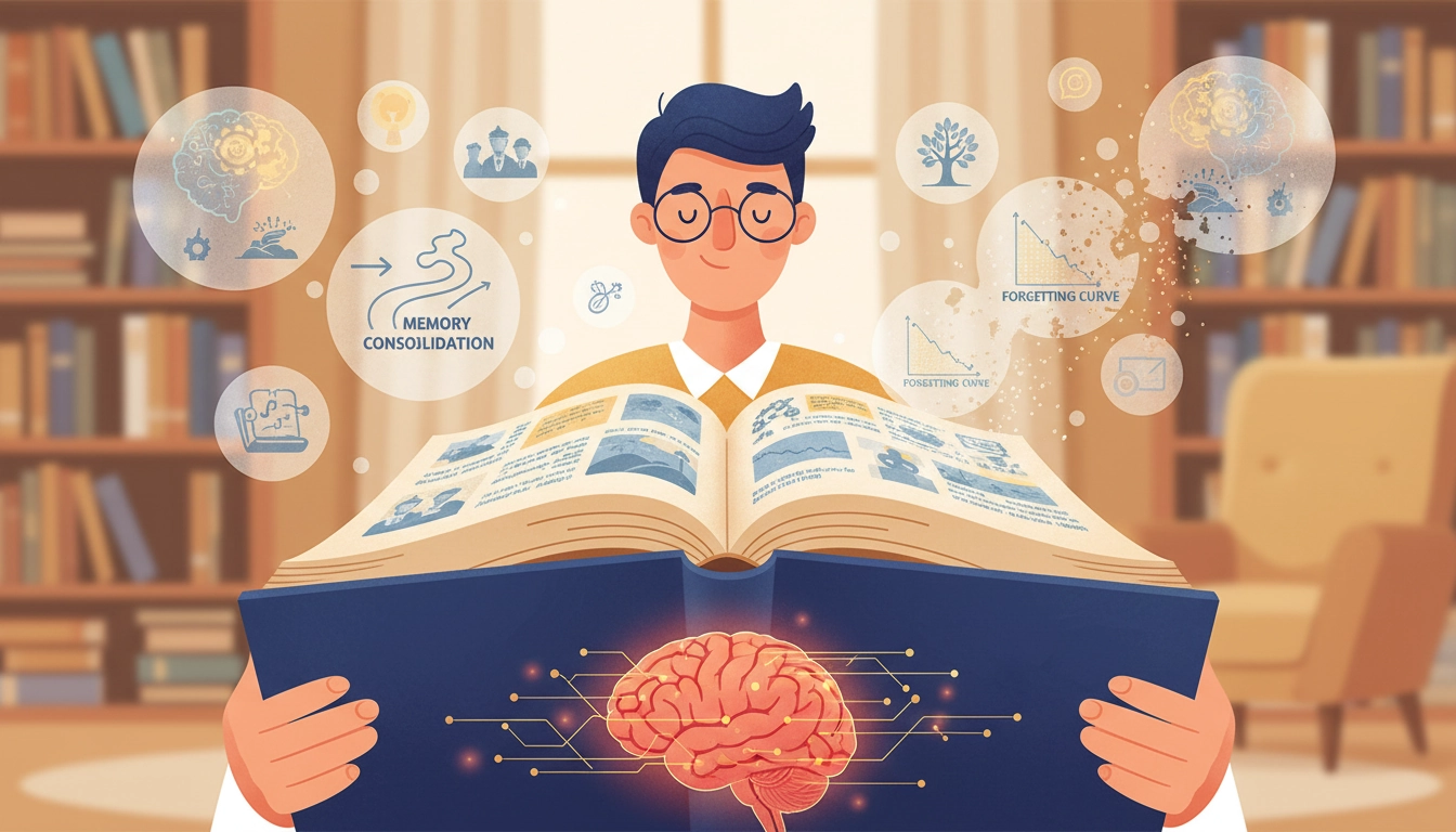 Illustration sur pourquoi on oublie ce qu'on lit après avoir fermé un livre avec la représentation du processus d'oubli et de consolidation mémoire