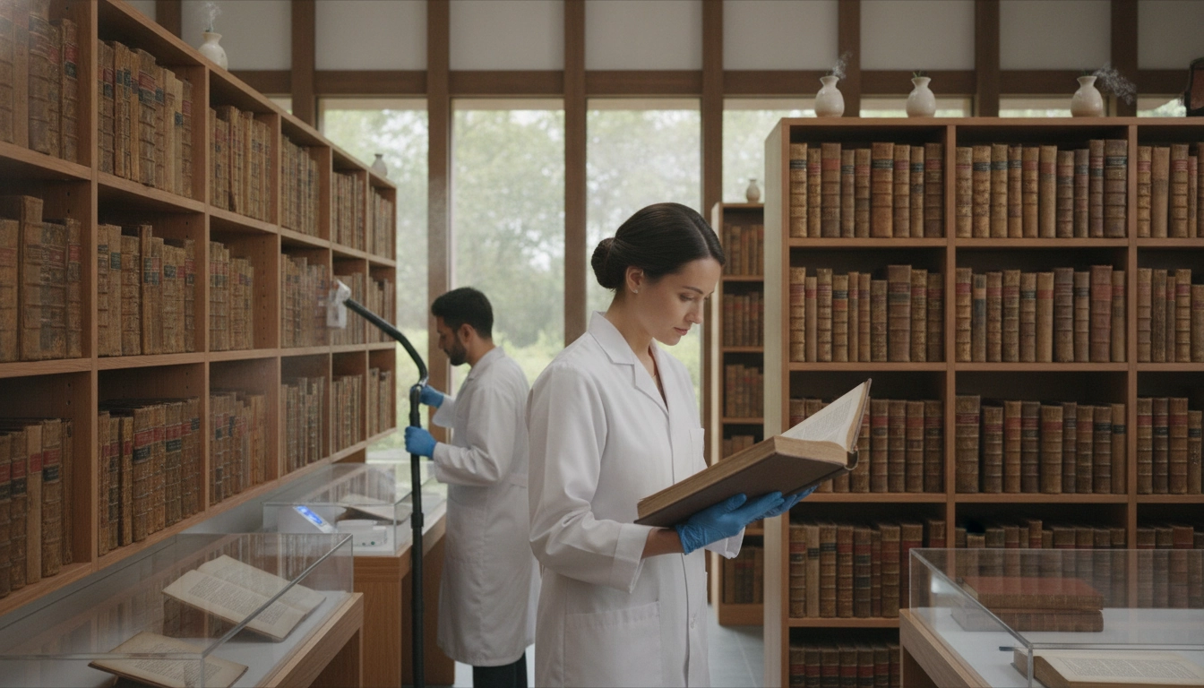 Un collectionneur examinant attentivement une étagère de livres anciens pour prévenir les insectes xylophages dans une collection de livres rares.
