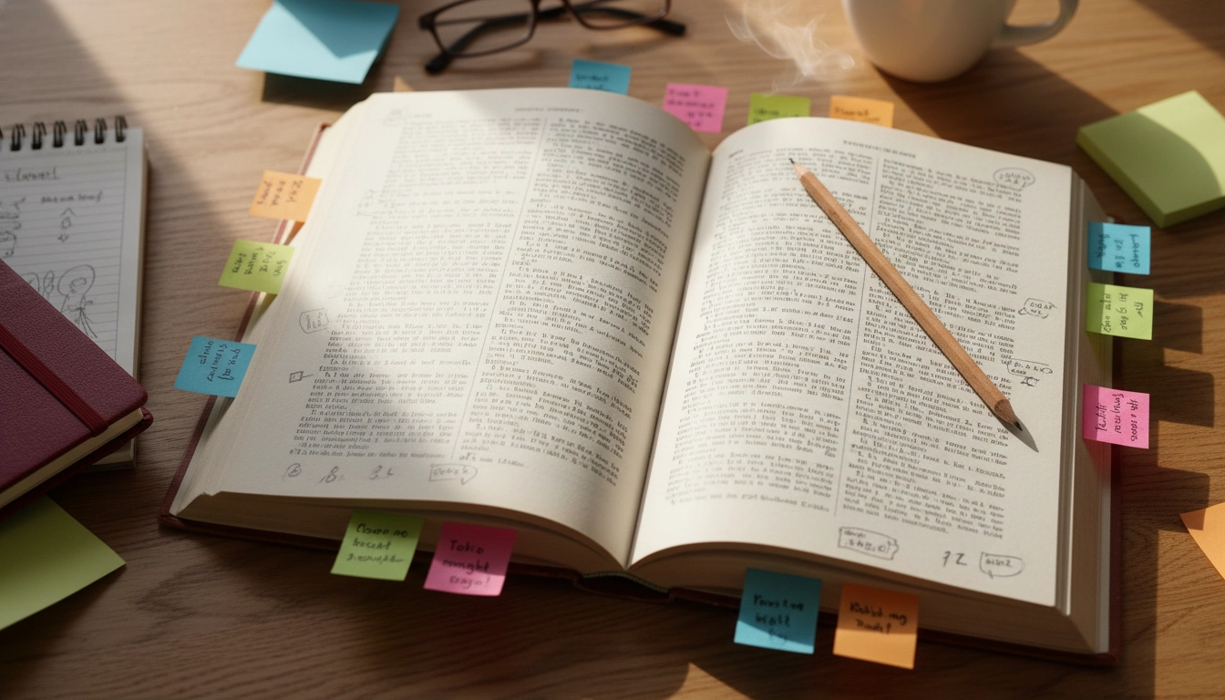 Prise de notes en lecture avec annotations manuscrites dans les marges d'un livre et post-it colorés