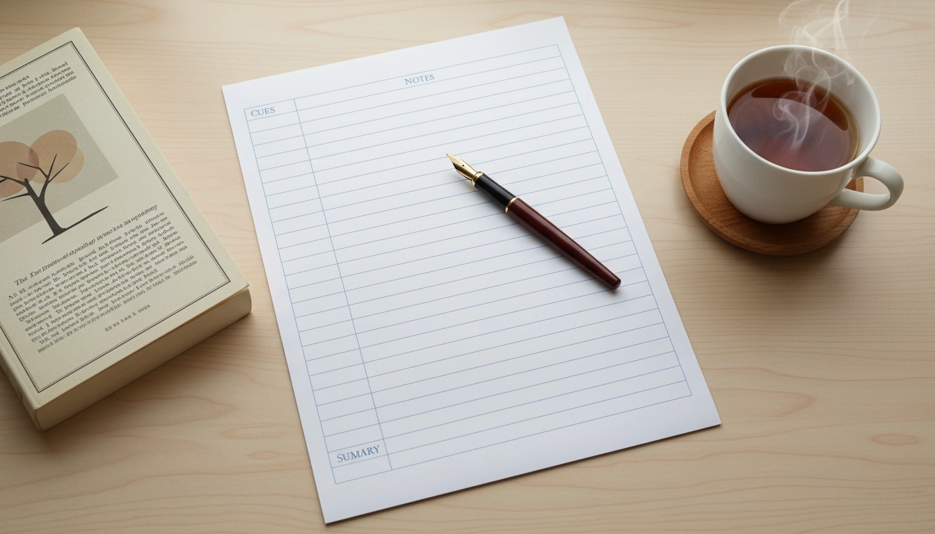 Feuille de notes méthode Cornell pour la lecture littéraire avec stylo plume et roman