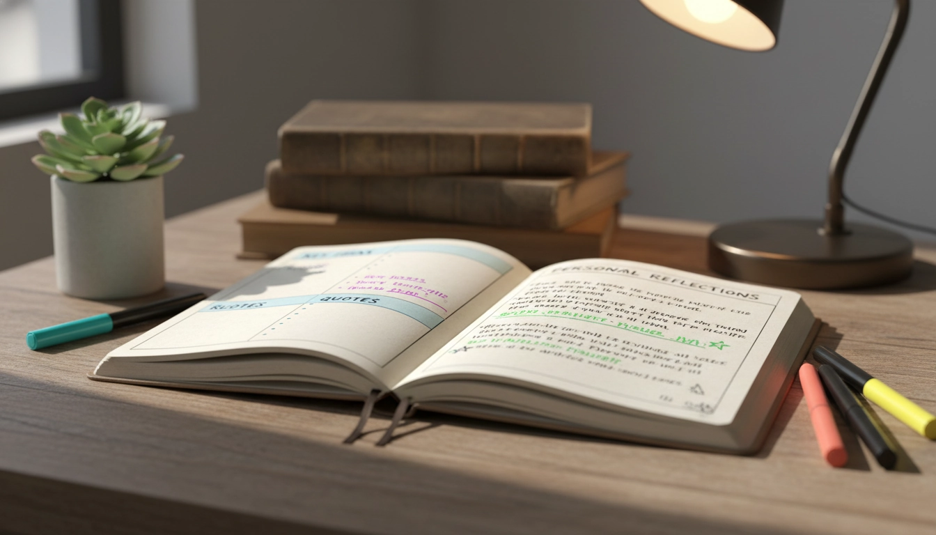 Carnet de lecture organisé avec fiches de notes structurées pour mémoriser efficacement ses lectures