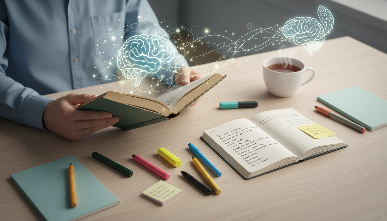 Techniques de prise de notes en lecture avec un carnet et des stylos colorés posés sur un livre ouvert