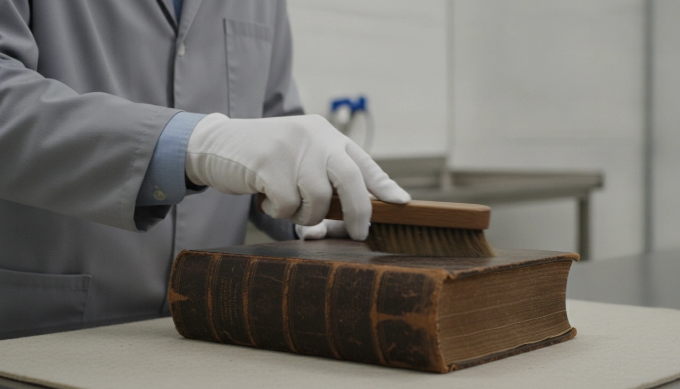 Nettoyage minutieux d'un livre ancien pour prévenir les insectes.