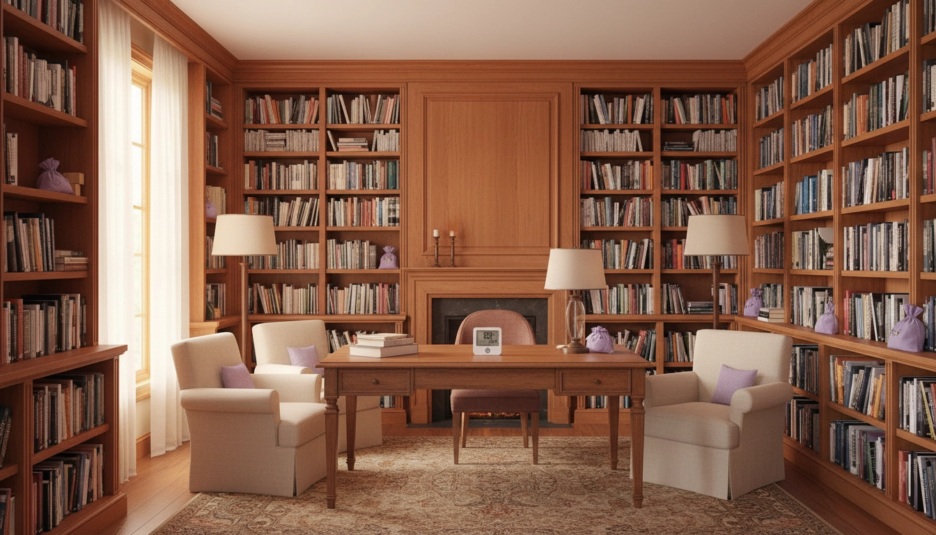 Bibliothèque domestique bien organisée avec hygromètre et répulsifs naturels pour la protection des livres contre les insectes