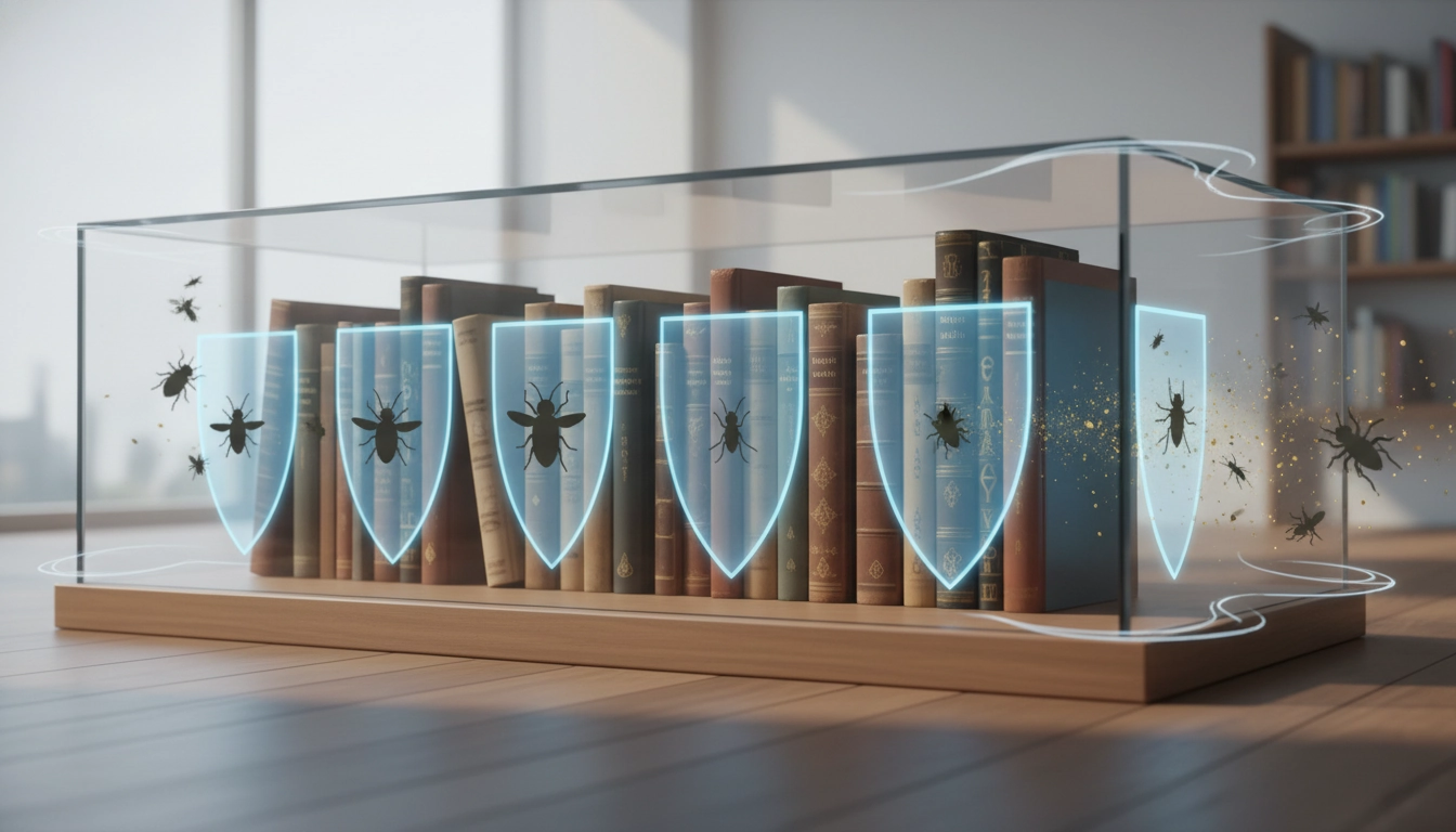 Bibliothèque ancienne avec livres rares nécessitant une protection efficace contre les insectes nuisibles