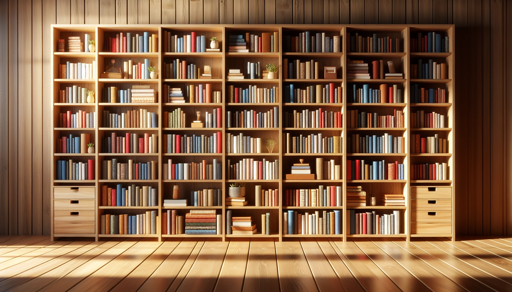 Exemple concret de rangement double rangée livres profondeur étagère avec rangée arrière surélevée sur une planche en bois