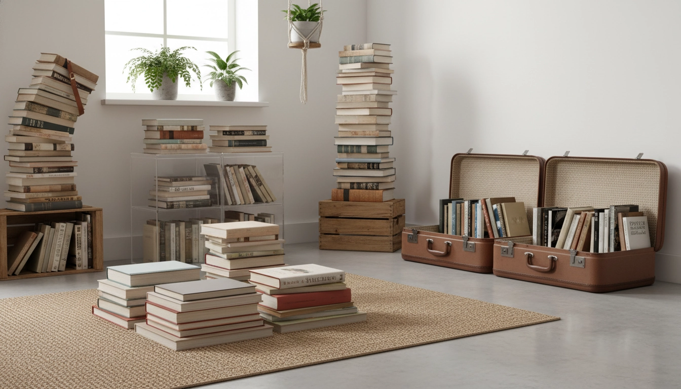 Bibliothèque autoportante montrant comment ranger livres sans étagère murale de manière efficace et élégante