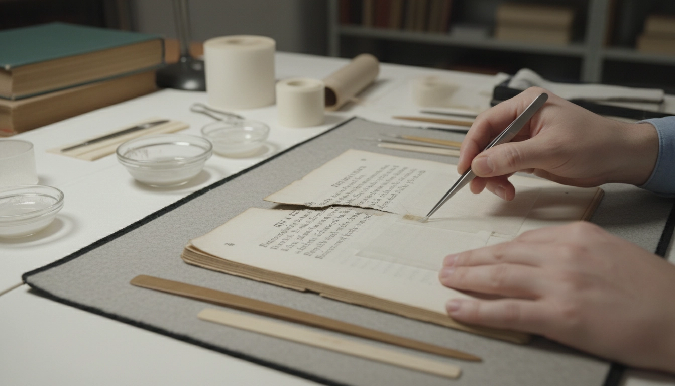Restauration professionnelle pour recoller une page déchirée dans un livre ancien avec colle spécialisée et papier de renfort