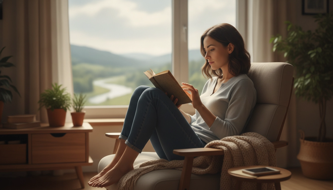 Une personne apaisée pratiquant la lecture lente et attentive dans un fauteuil confortable près d'une fenêtre lumineuse.
