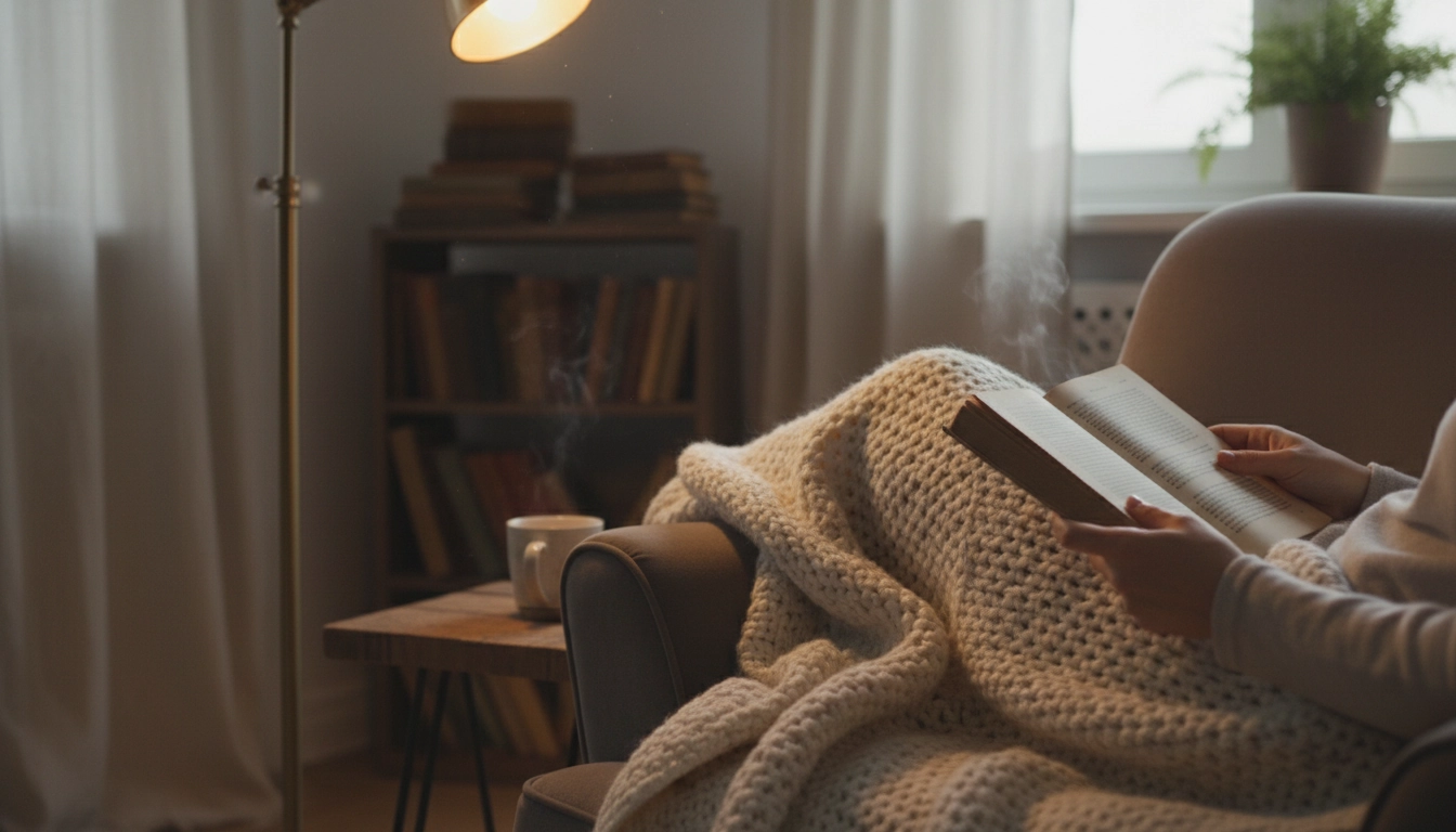 Coin lecture cosy avec fauteuil et lampe chaleureuse illustrant la réduction du stress par la lecture au quotidien