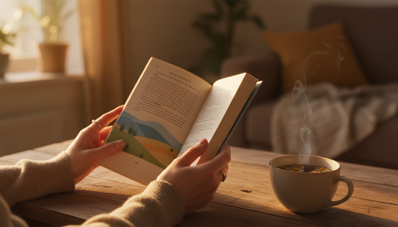 Femme tenant un livre ouvert le soir avec une tisane, rituel de lecture apaisante avant de dormir