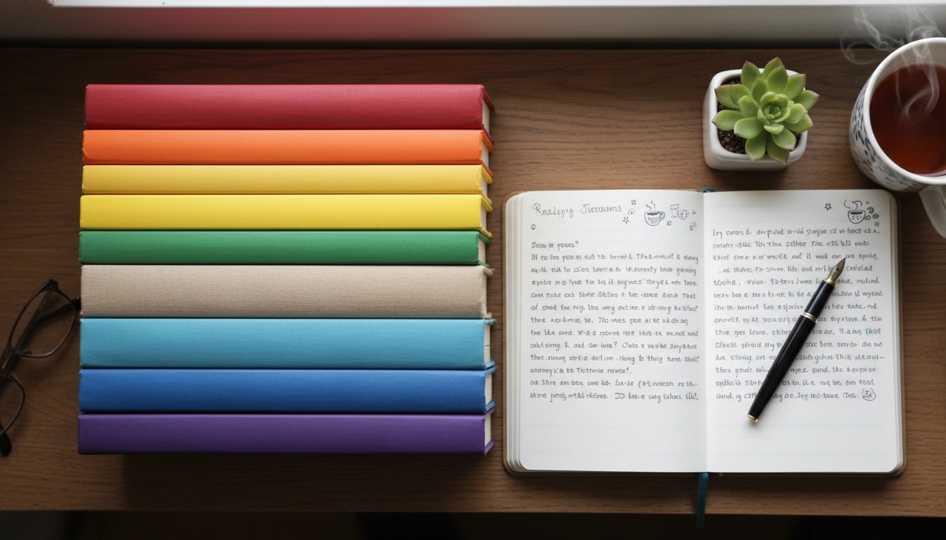 Pile de livres variés et carnet de lecture pour une routine de lecture anti-stress durable et personnalisée