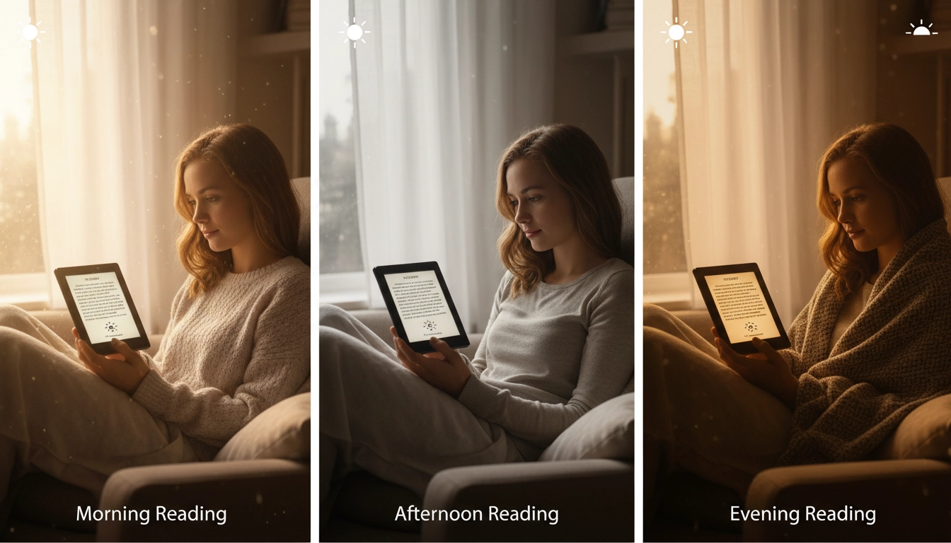 Ajustement du réglage luminosité liseuse selon heure de la journée pour une lecture sereine du matin au soir