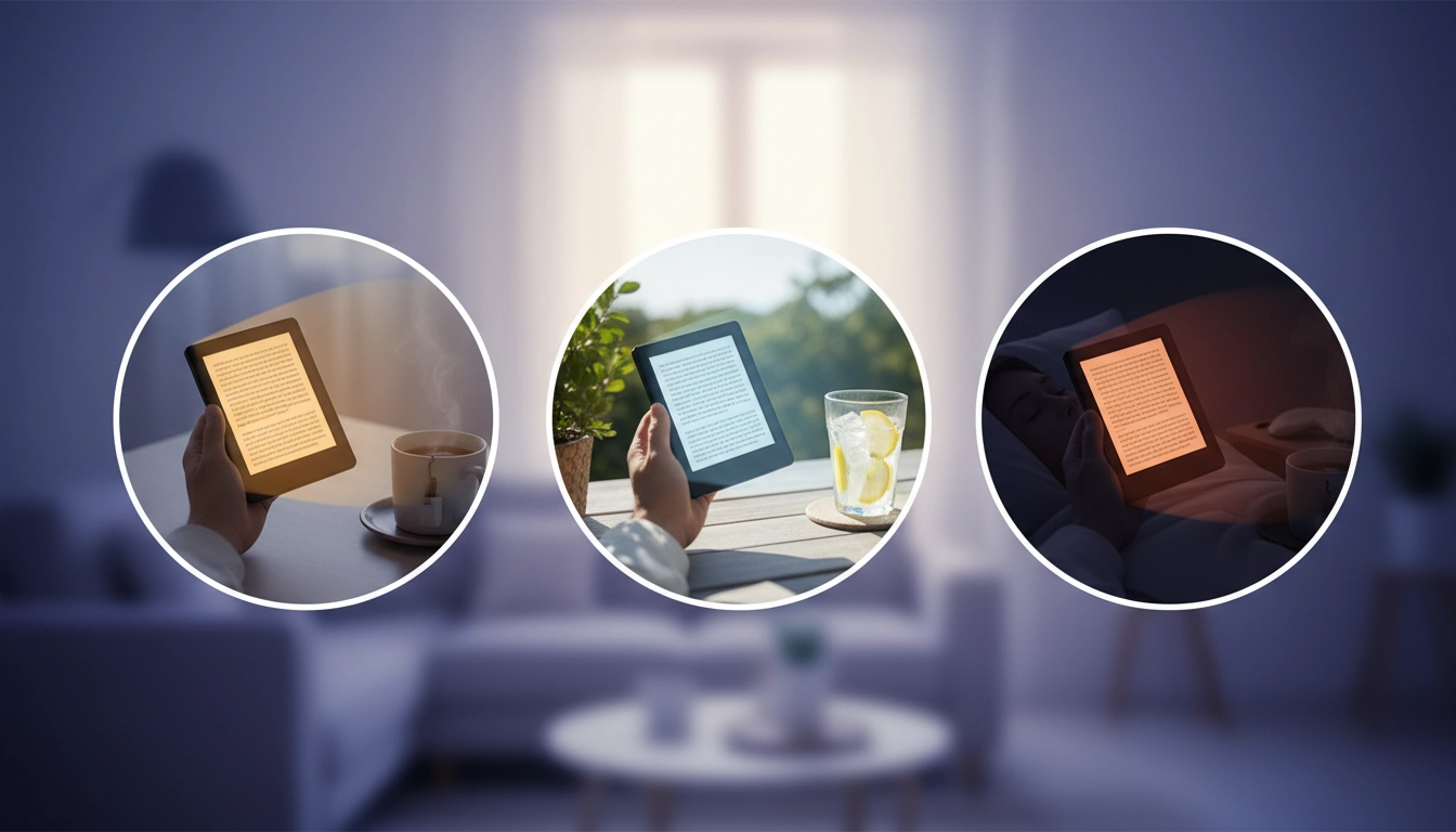 Femme lisant sur sa liseuse avec un réglage optimal de la luminosité adapté à l'heure de la journée pour une lecture sereine