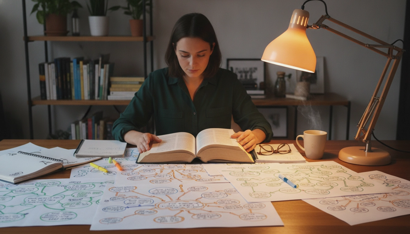 Une personne utilisant des méthodes actives, prouvant que relire un livre améliore-t-il vraiment la mémorisation de façon limitée par rapport aux notes.