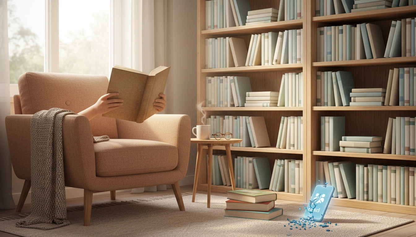 Personne lisant un livre papier à la place de son téléphone pour remplacer les réseaux sociaux par la lecture