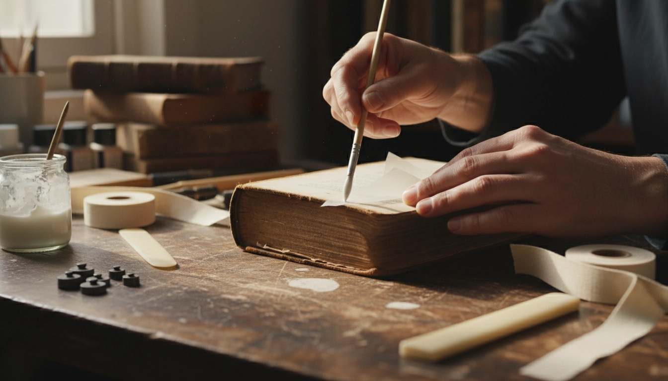Réparation livre abîmé avec du papier japonais et de la colle d'amidon appliquée au pinceau fin