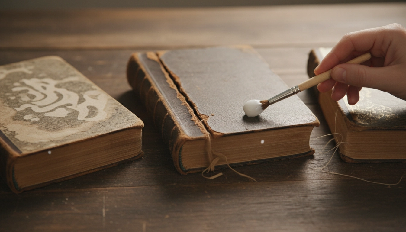 Livres abîmés avec dos cassé, taches d'humidité et couverture décollée posés sur une table avant réparation