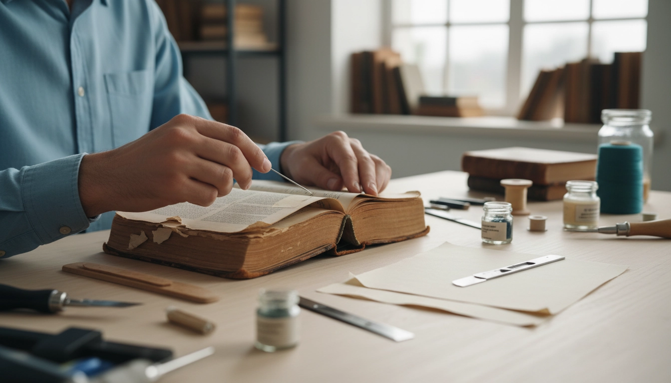 Mains d'une personne réparant un livre abîmé avec du papier japonais et un pinceau fin sur une table en bois