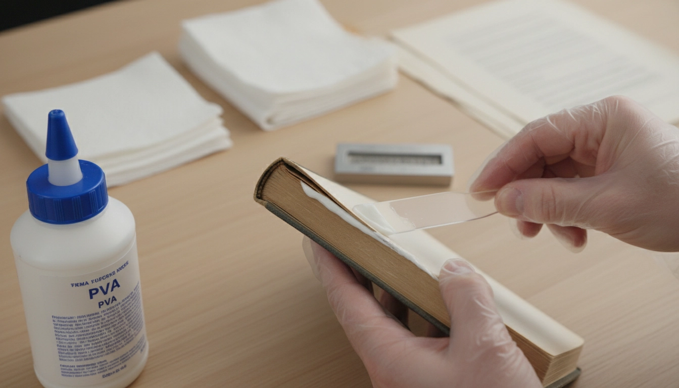 Application de colle pour réparer une couverture de livre qui se décolle à l'aide d'une spatule sur la zone endommagée