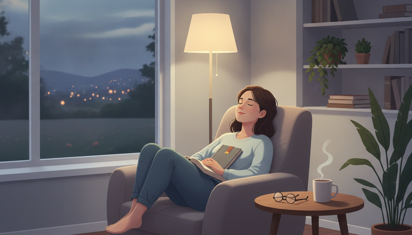Une personne détendue lisant un livre dans un fauteuil confortable, illustrant un rituel de lecture pour se déconnecter du travail le soir.