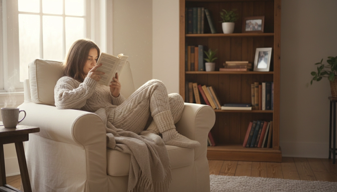 Jeune femme lisant un roman dans un fauteuil confortable, illustrant comment lire des romans améliore les relations sociales grâce au développement de l'empathie