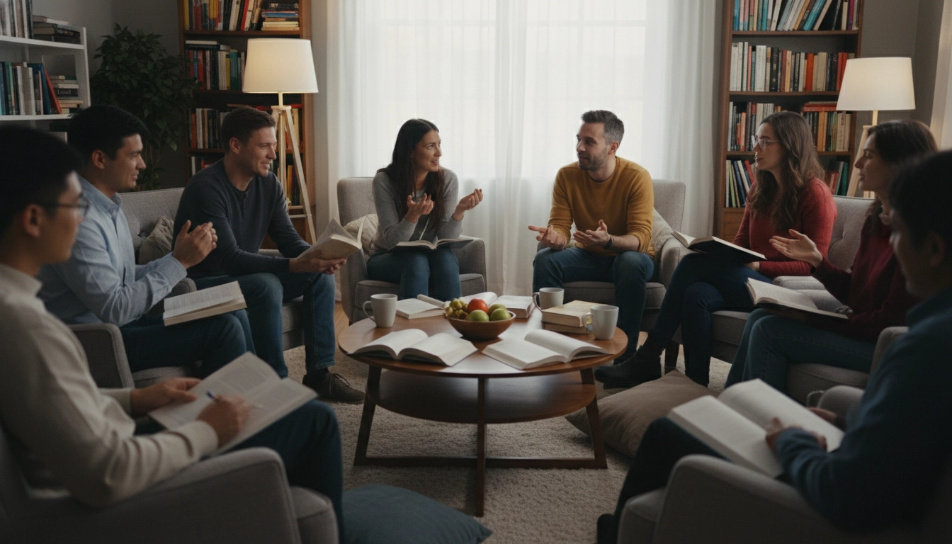 Groupe de personnes participant à un club de lecture, échangeant sur leurs romans, renforçant leurs compétences sociales et relationnelles