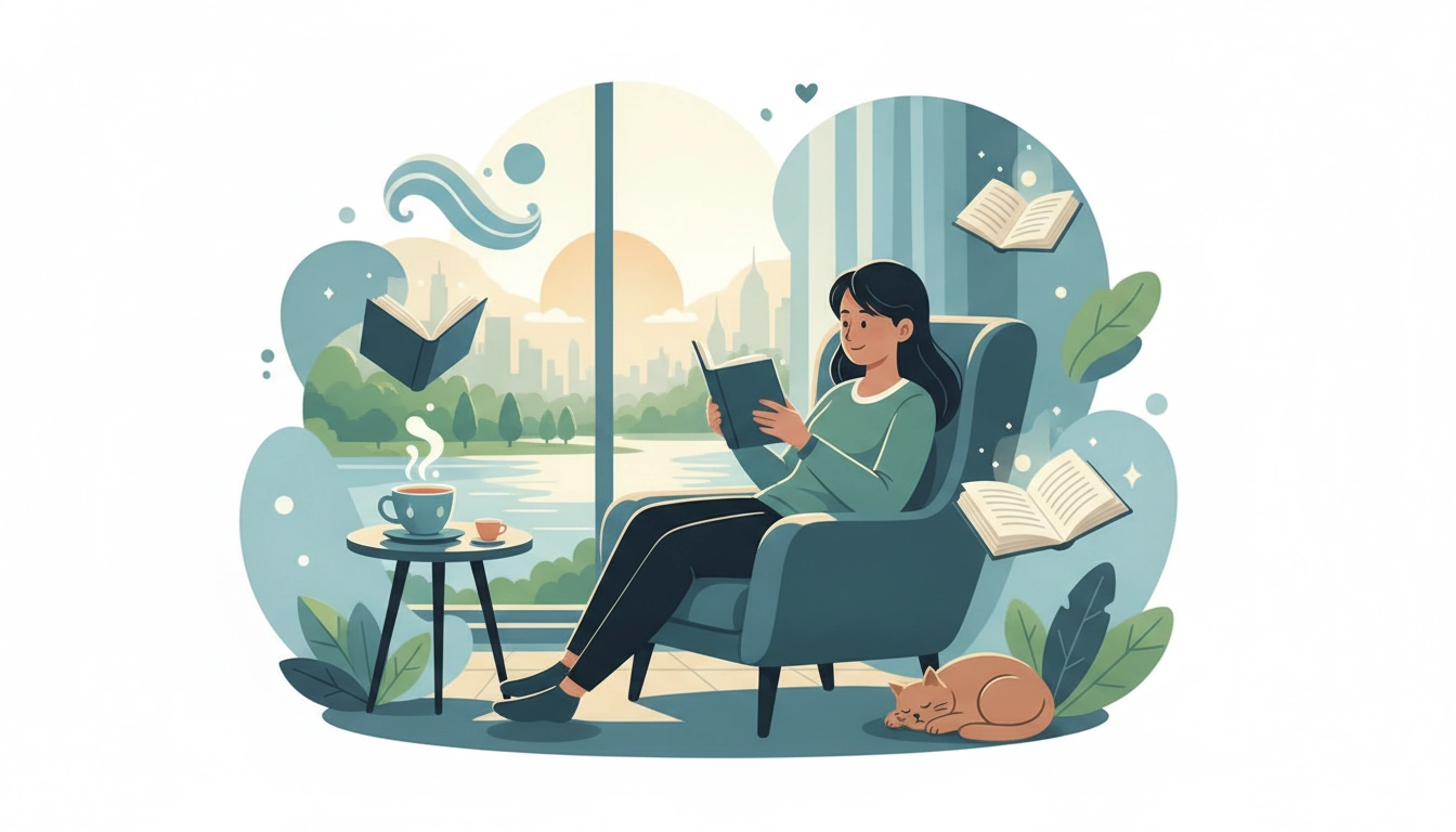Une personne détendue lisant un livre dans un coin cosy pour apprendre comment créer une routine de lecture anti-stress au quotidien